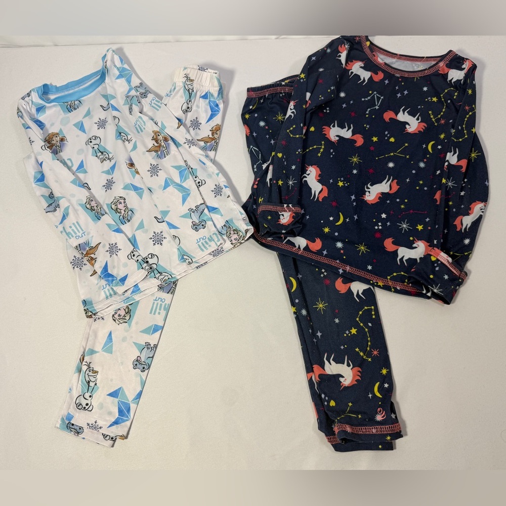 Disney Frozen & Unicorn Pajamas Girls 2T 3T Cuddl Duds Base Layer PJ Set Bundle